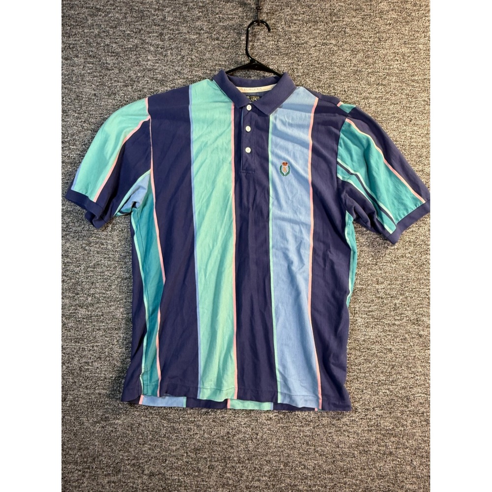 Vintage‎ Chaps Ralph Lauren Striped Polo Shirt Mens Large Blue Teal Pink Crest